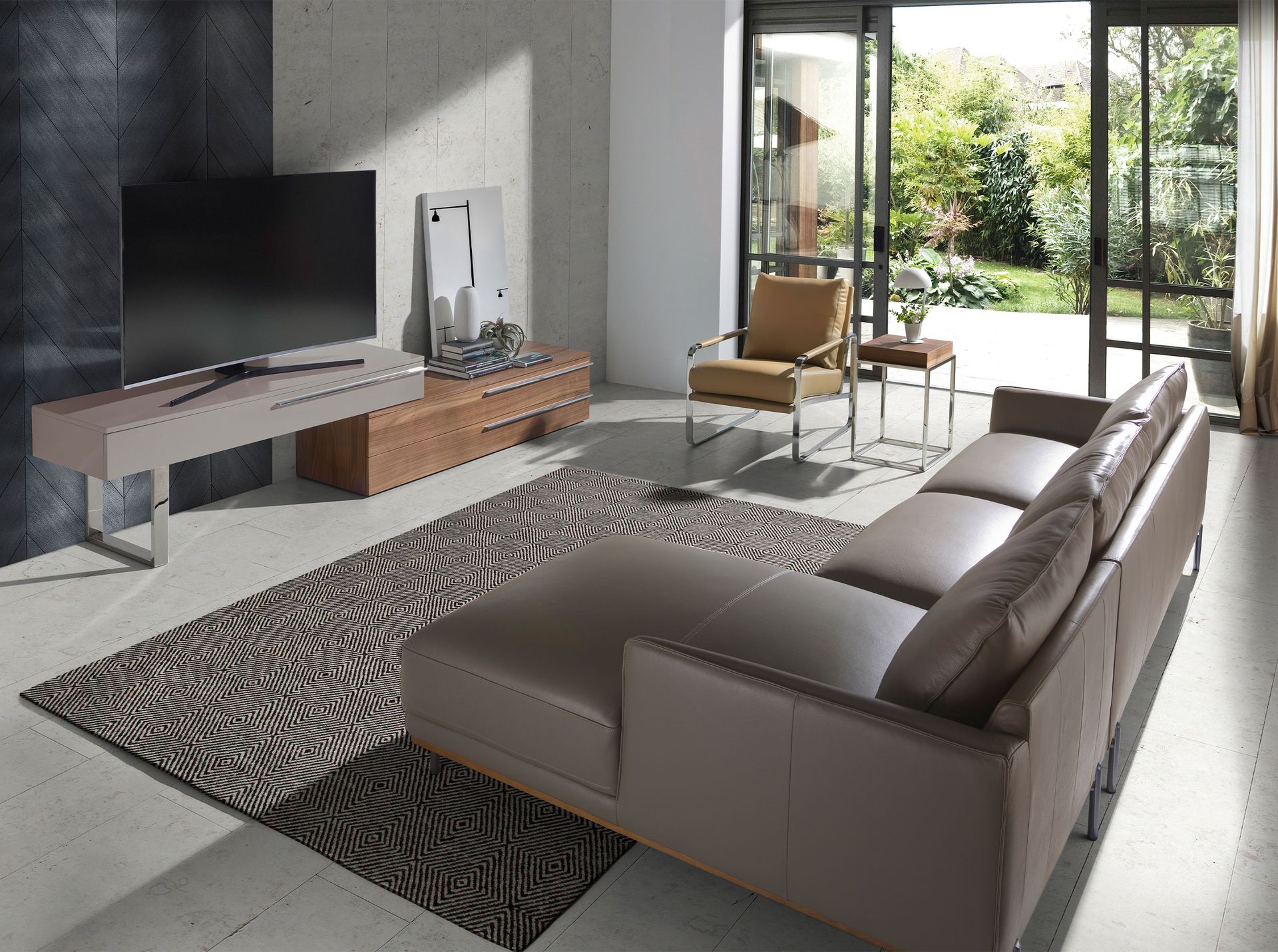 Mueble TV madera beige, nogal y acero cromado Mueble TV madera beige, nogal y acero cromado