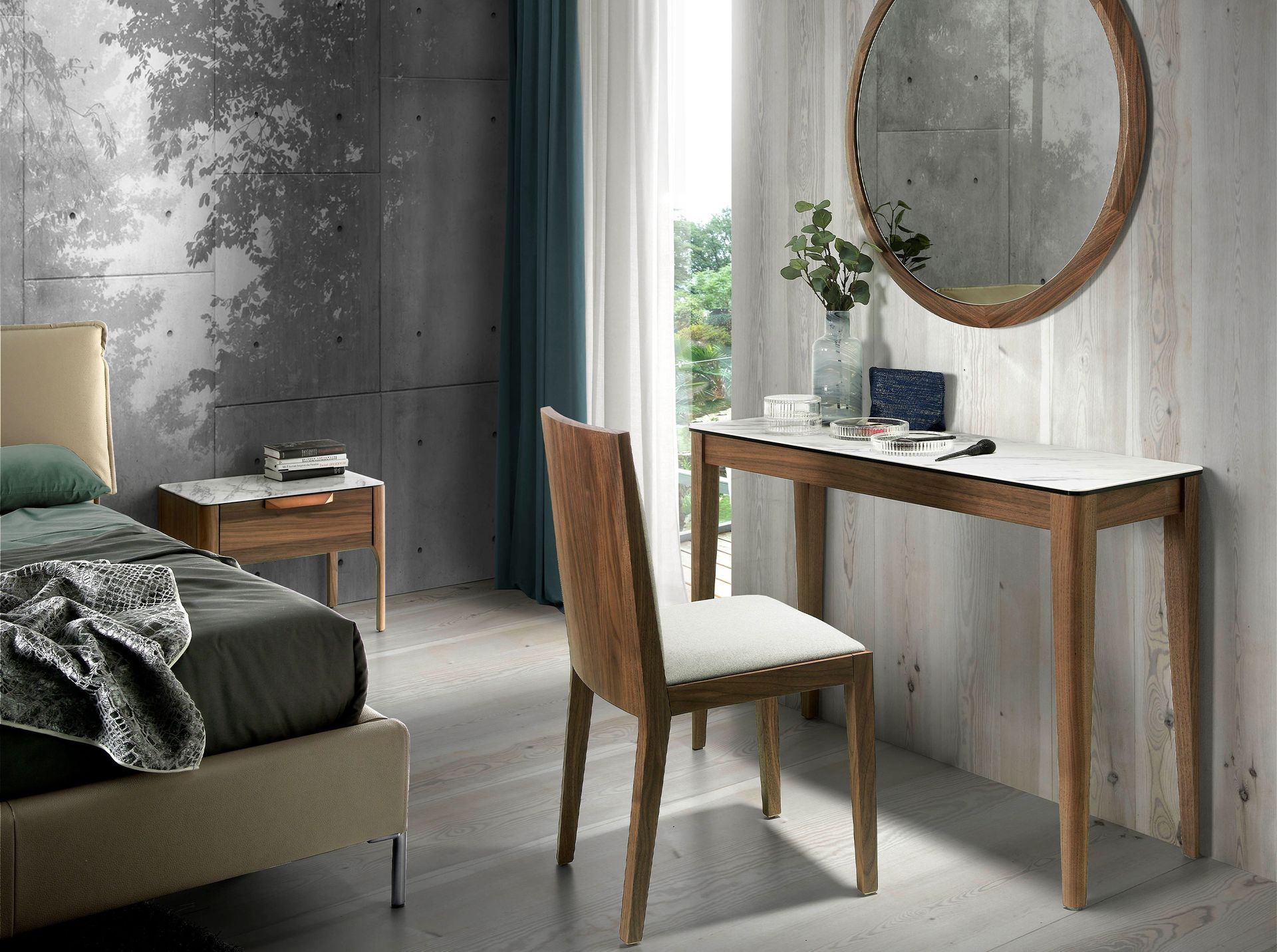 Consola rectangular mármol porcelánico y nogal Consola rectangular mármol porcelánico y nogal