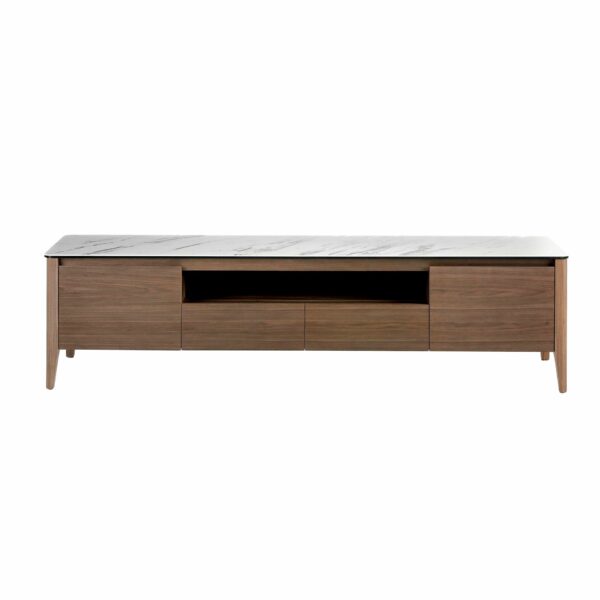 Mueble TV nogal con tapa de cristal imitación mármol