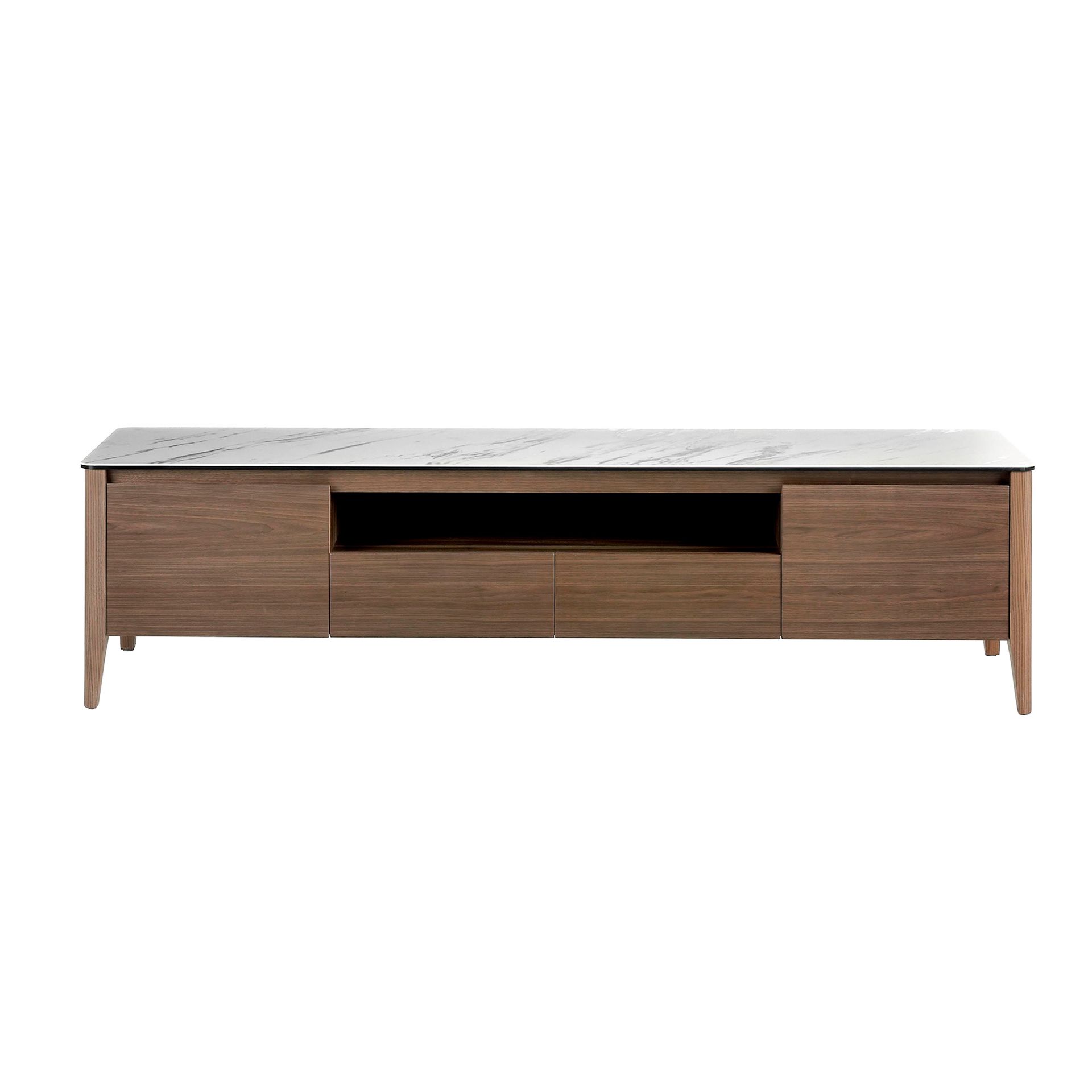 Mueble TV nogal con tapa de cristal imitación mármol Mueble TV nogal con tapa de cristal imitación mármol