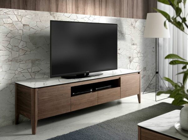 Mueble TV nogal con tapa de cristal imitación mármol