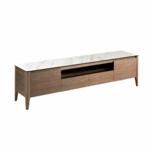 Mueble TV nogal con tapa de cristal imitación mármol Mueble TV nogal con tapa de cristal imitación mármol