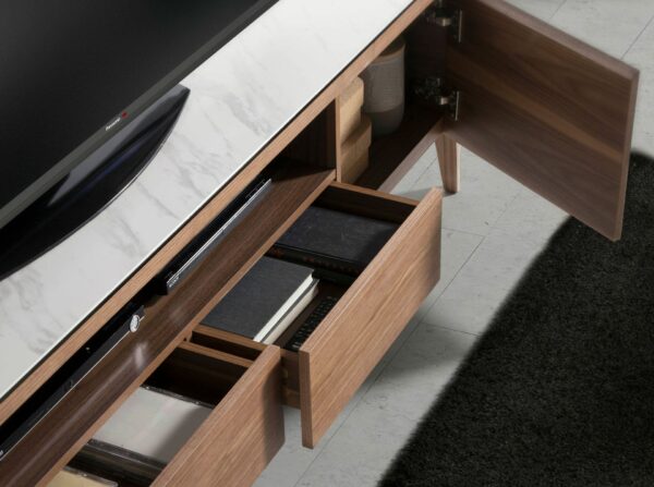 Mueble TV nogal con tapa de cristal imitación mármol