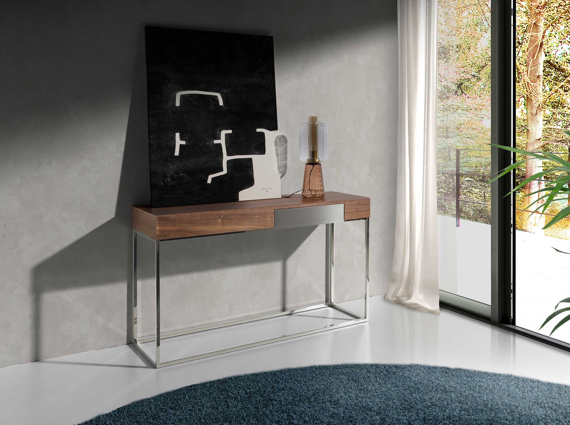 Consola rectangular nogal y acero cromado Consola rectangular nogal y acero cromado