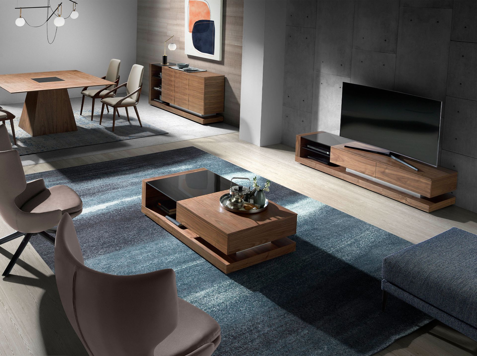 Mueble TV nogal, acero pulido y tapa de cristal negro Mueble TV nogal, acero pulido y tapa de cristal negro