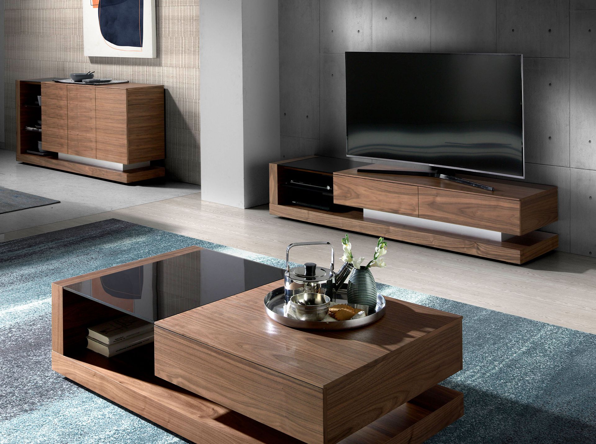 Mueble TV nogal, acero pulido y tapa de cristal negro Mueble TV nogal, acero pulido y tapa de cristal negro