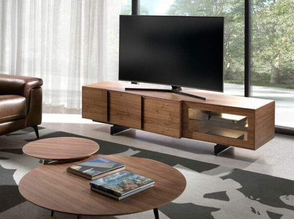 Mueble TV nogal y acero negro con iluminación interior
