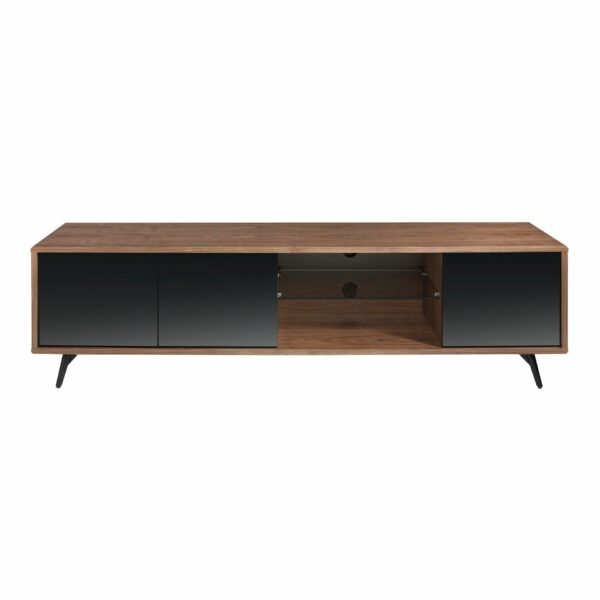 Mueble TV cristal negro efecto espejo, nogal y acero negro