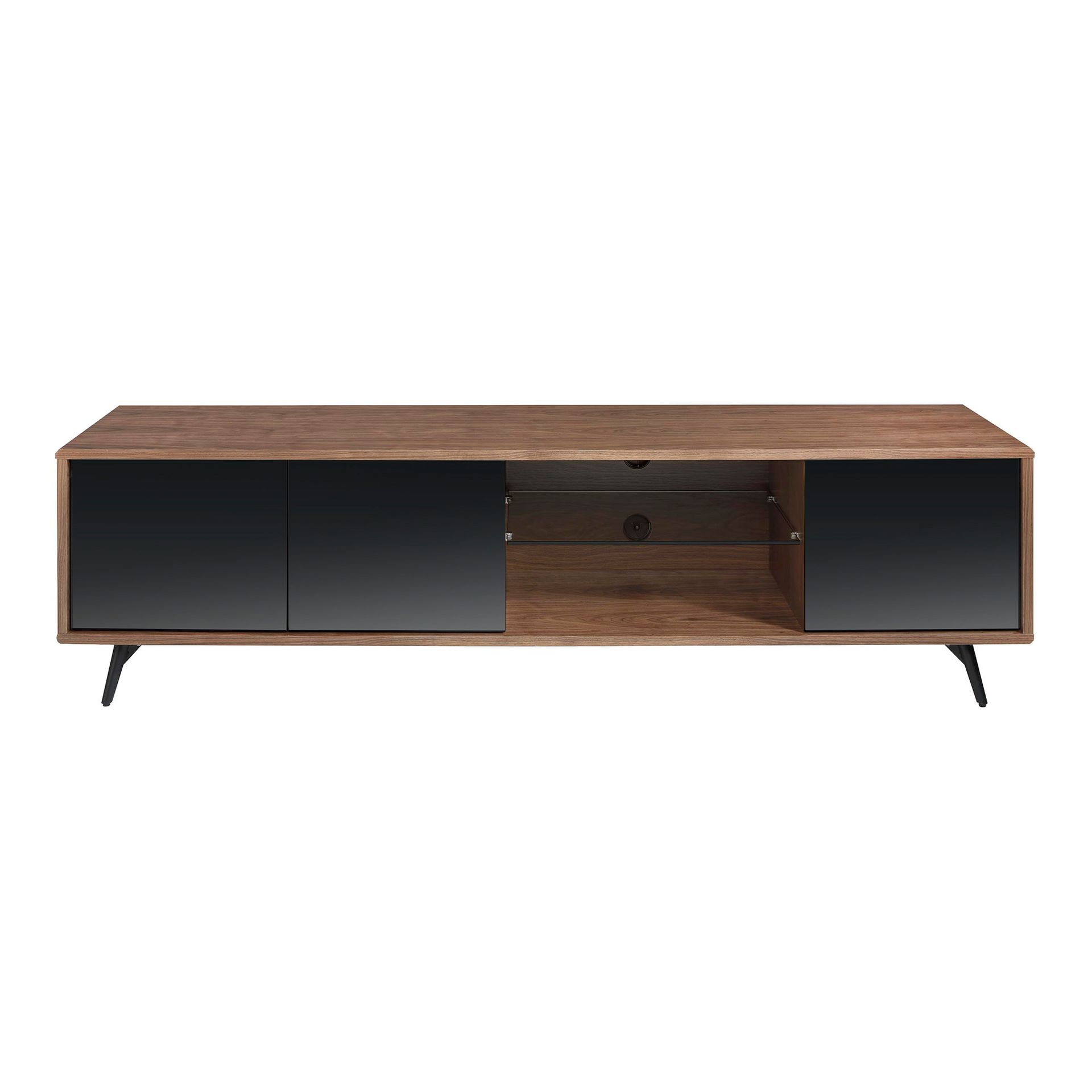 Mueble TV cristal negro efecto espejo, nogal y acero negro Mueble TV cristal negro efecto espejo, nogal y acero negro