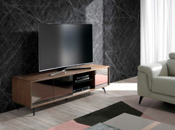 Mueble TV cristal negro efecto espejo, nogal y acero negro