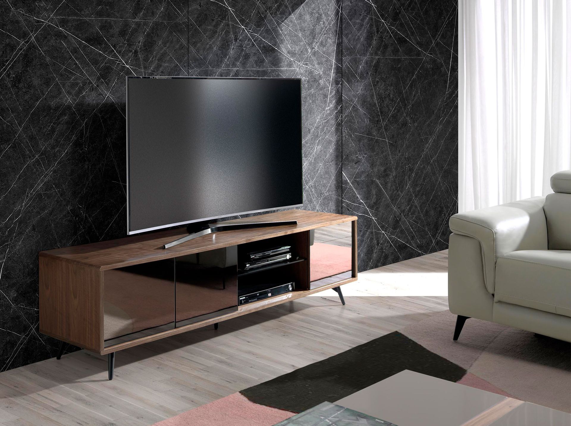 Mueble TV cristal negro efecto espejo, nogal y acero negro Mueble TV cristal negro efecto espejo, nogal y acero negro