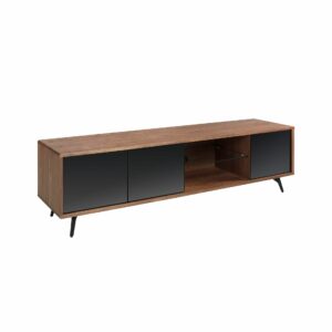 Mueble TV cristal negro efecto espejo, nogal y acero negro Mueble TV cristal negro efecto espejo, nogal y acero negro