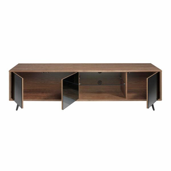 Mueble TV cristal negro efecto espejo, nogal y acero negro