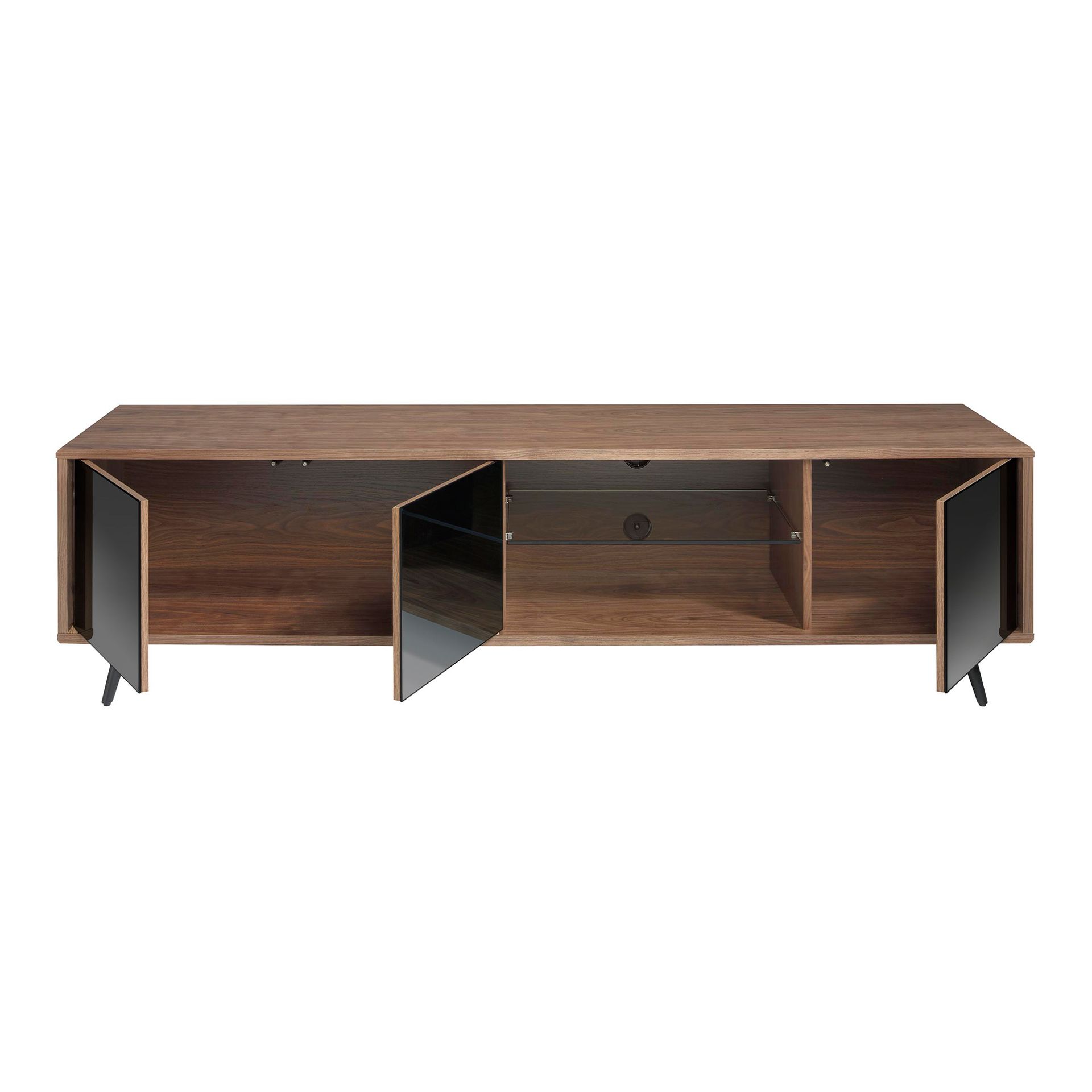 Mueble TV cristal negro efecto espejo, nogal y acero negro Mueble TV cristal negro efecto espejo, nogal y acero negro