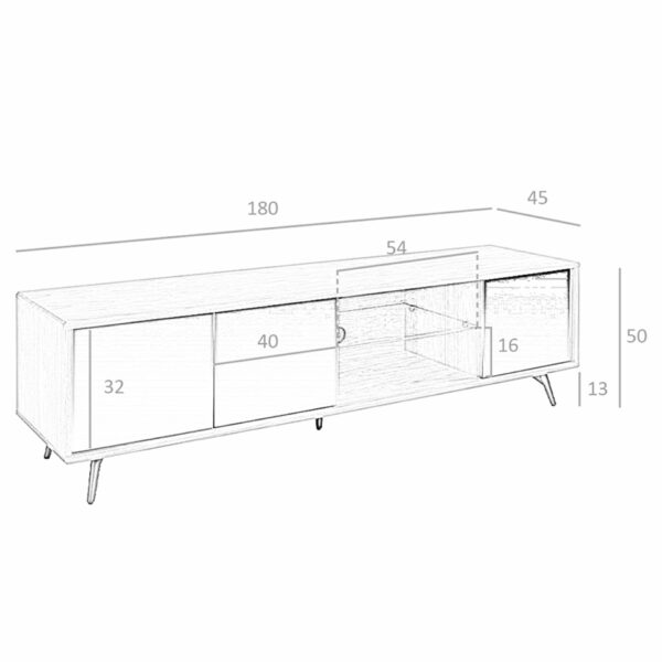 Mueble TV cristal negro efecto espejo, nogal y acero negro