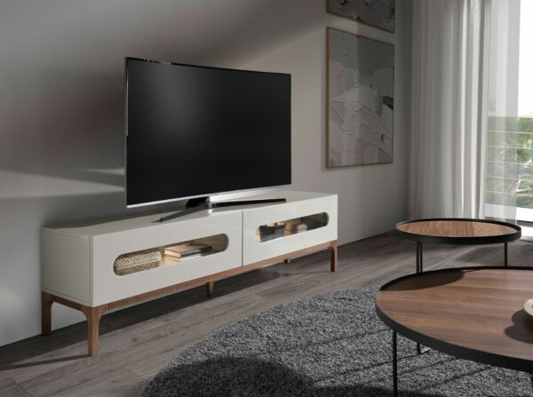 Mueble TV madera gris y nogal con iluminación interior