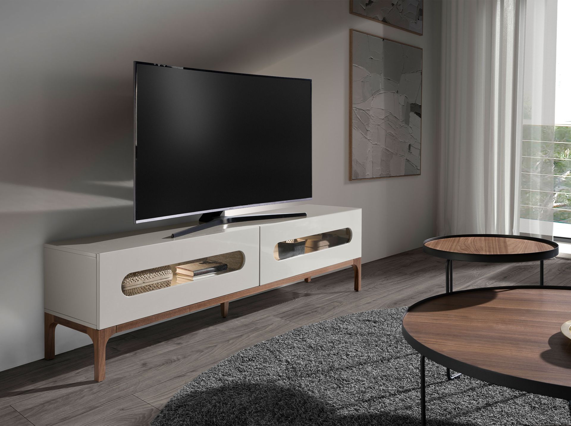 Mueble TV madera gris y nogal con iluminación interior Mueble TV madera gris y nogal con iluminación interior