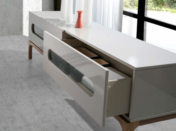 Mueble TV madera gris y nogal con iluminación interior