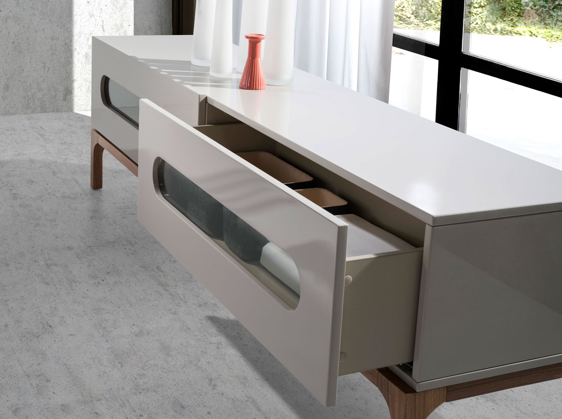 Mueble TV madera gris y nogal con iluminación interior Mueble TV madera gris y nogal con iluminación interior