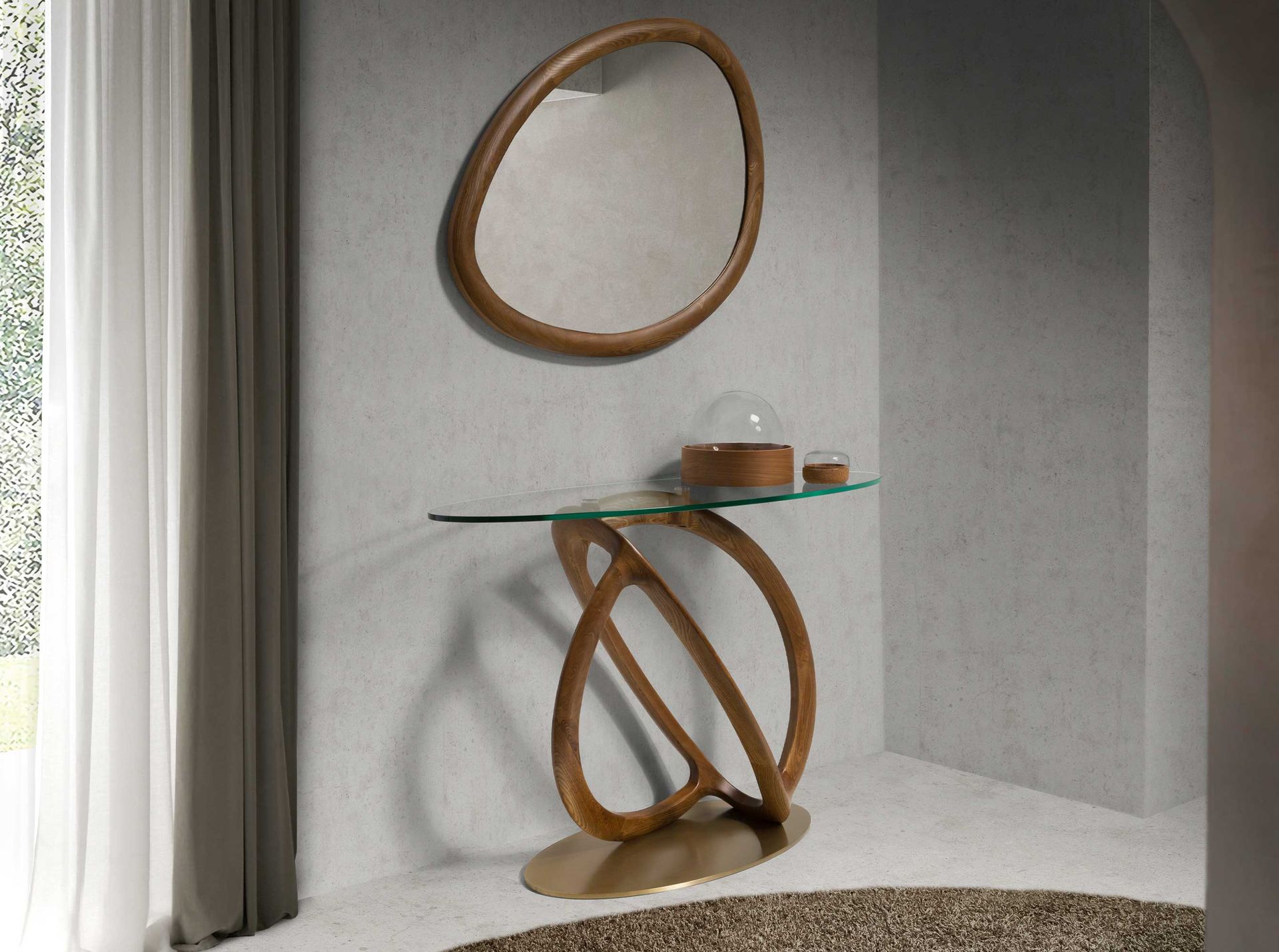 Consola ovalada cristal templado, nogal y acero pulido dorado Consola ovalada cristal templado, nogal y acero pulido dorado