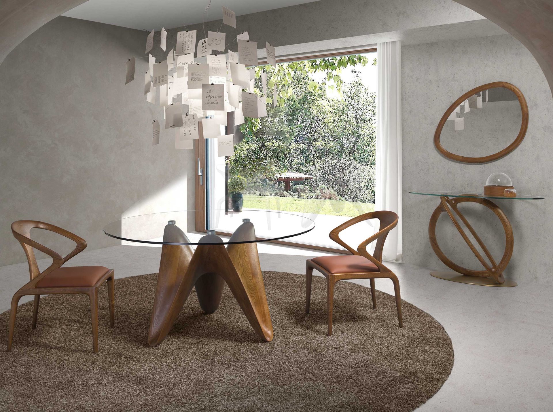 Consola ovalada cristal templado, nogal y acero pulido dorado Consola ovalada cristal templado, nogal y acero pulido dorado