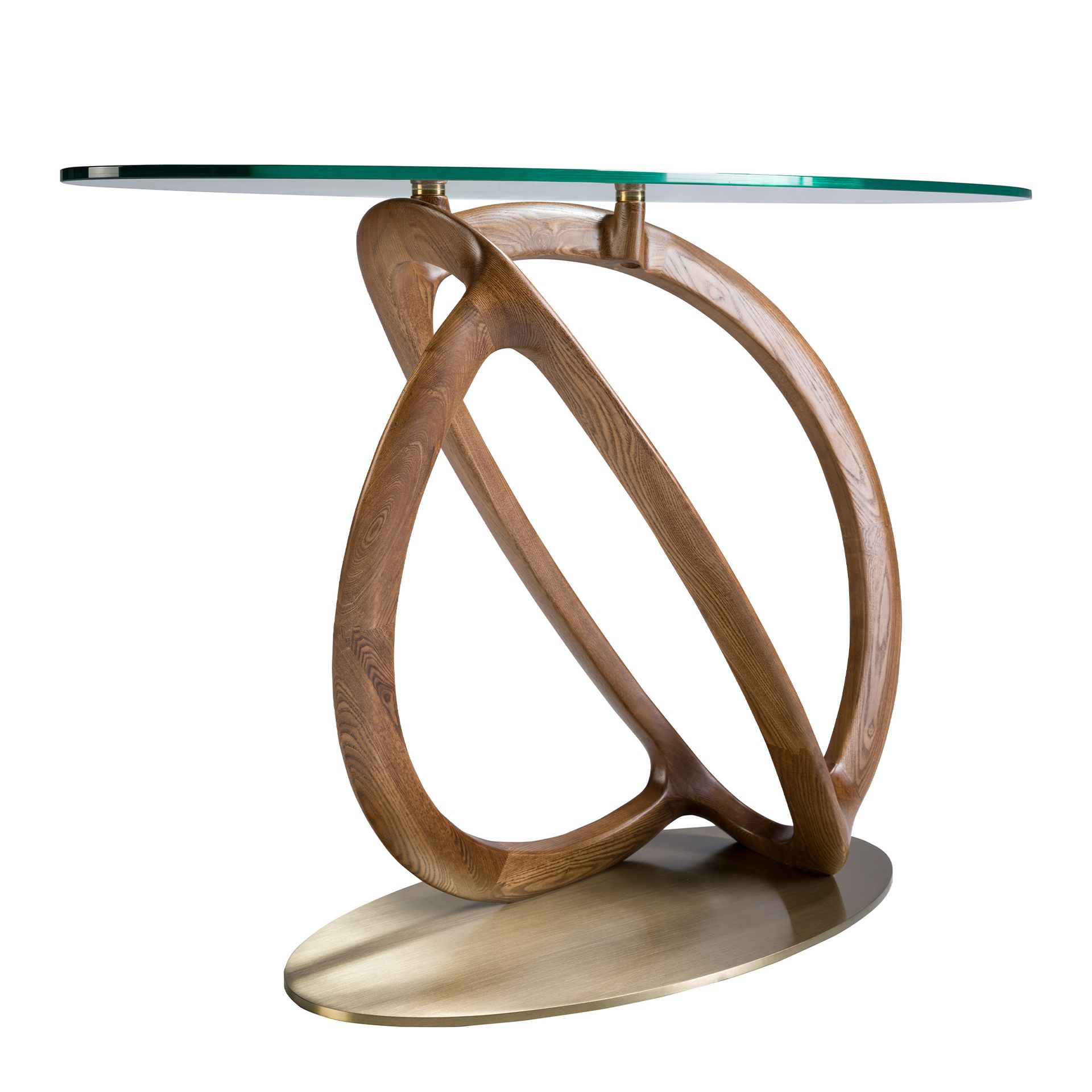 Consola ovalada cristal templado, nogal y acero pulido dorado Consola ovalada cristal templado, nogal y acero pulido dorado