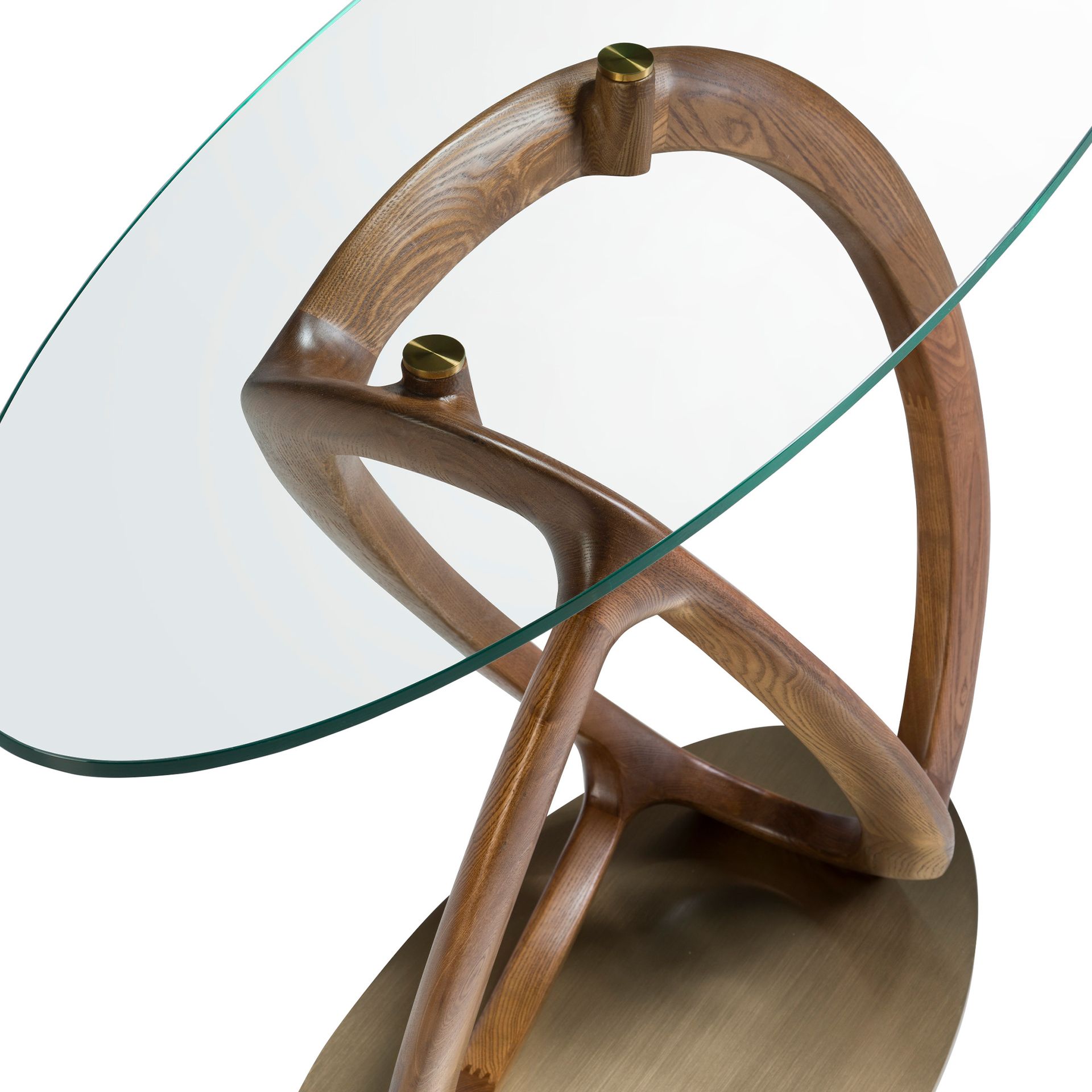 Consola ovalada cristal templado, nogal y acero pulido dorado Consola ovalada cristal templado, nogal y acero pulido dorado