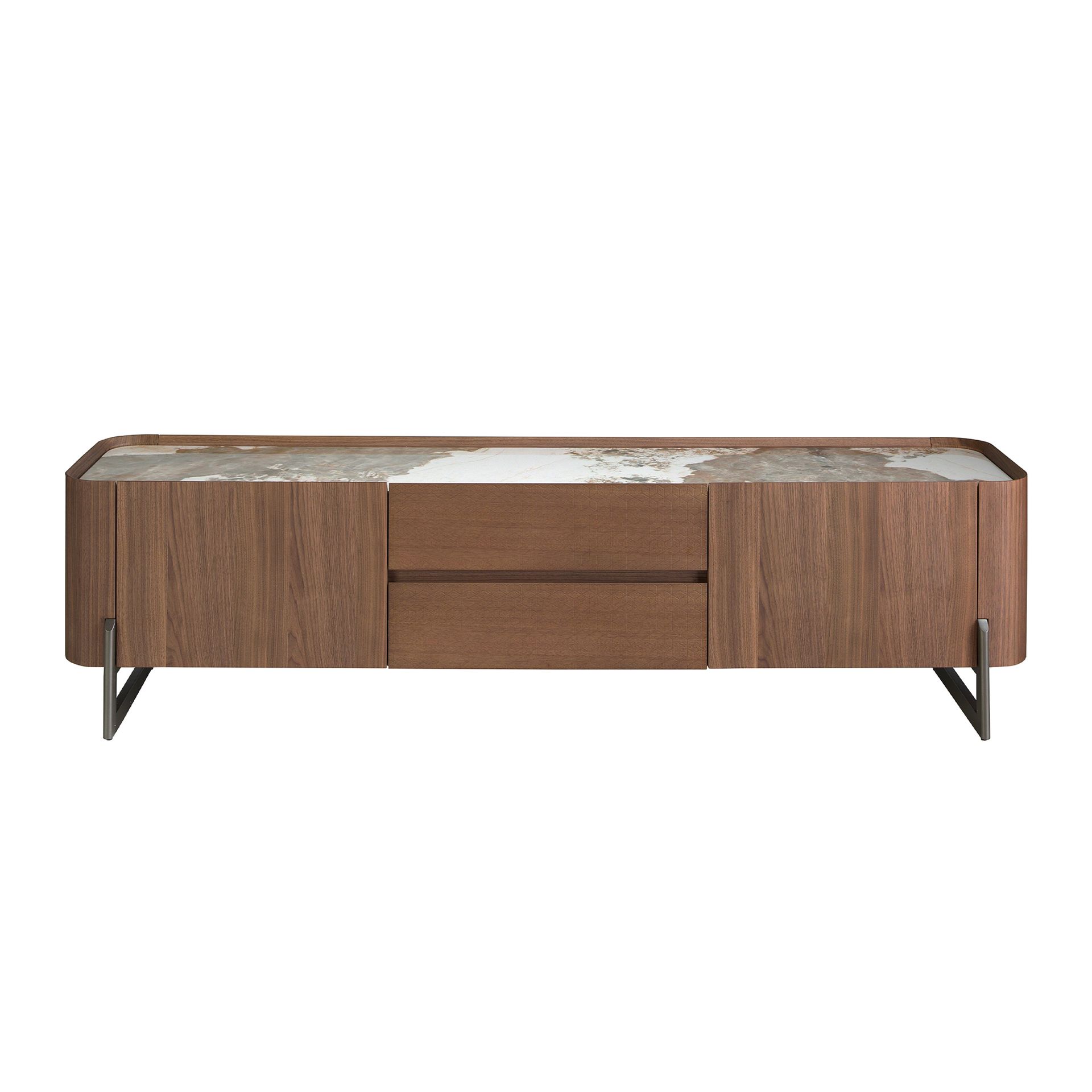 Mueble TV nogal, acero visón metal y tapa de mármol porcelánico Mueble TV nogal, acero visón metal y tapa de mármol porcelánico