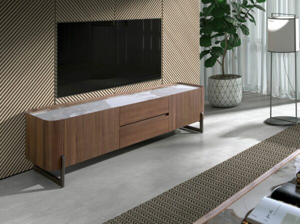 Mueble TV nogal, acero visón metal y tapa de mármol porcelánico