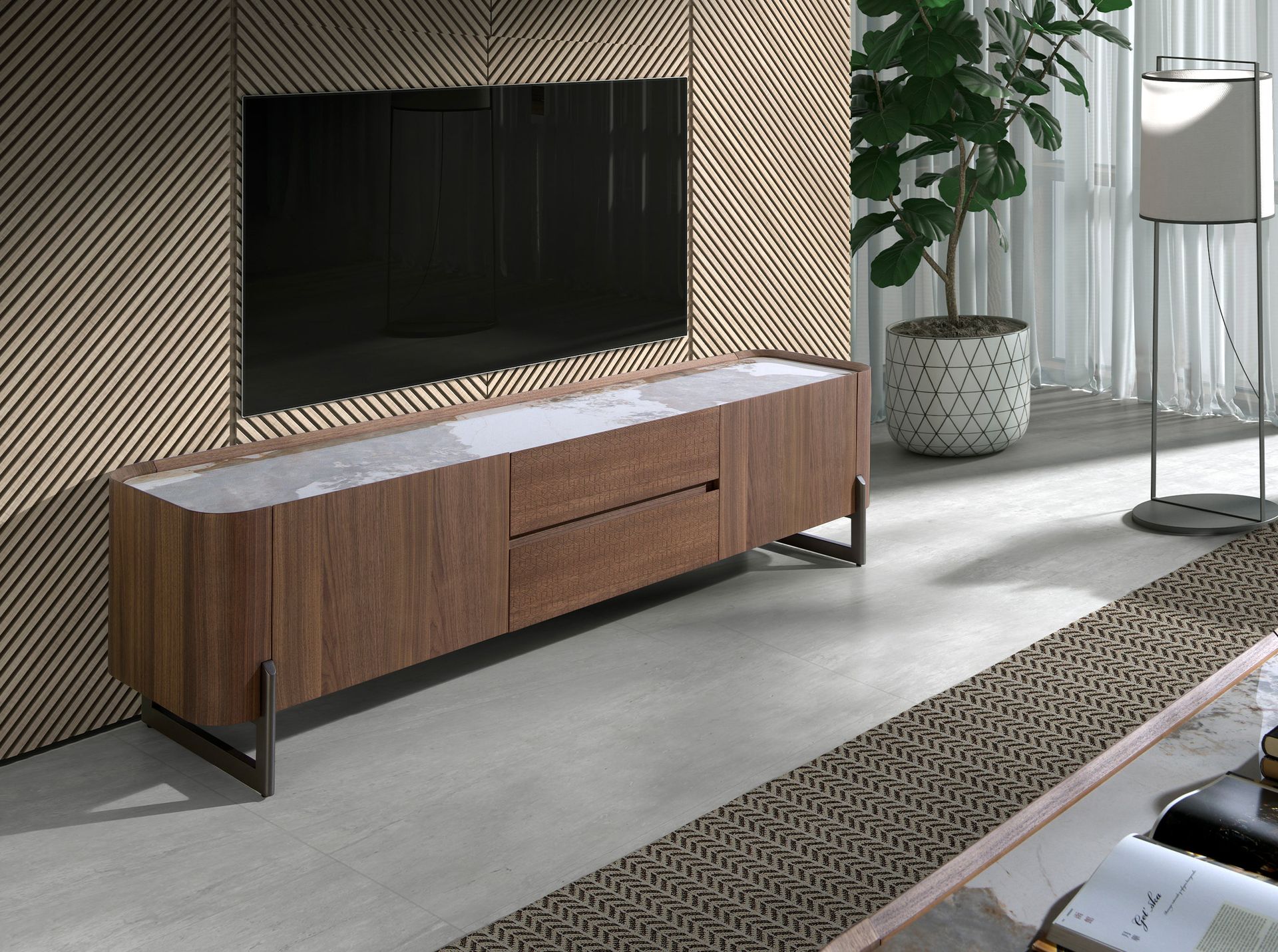 Mueble TV nogal, acero visón metal y tapa de mármol porcelánico Mueble TV nogal, acero visón metal y tapa de mármol porcelánico