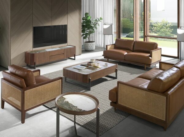 Mueble TV nogal, acero visón metal y tapa de mármol porcelánico