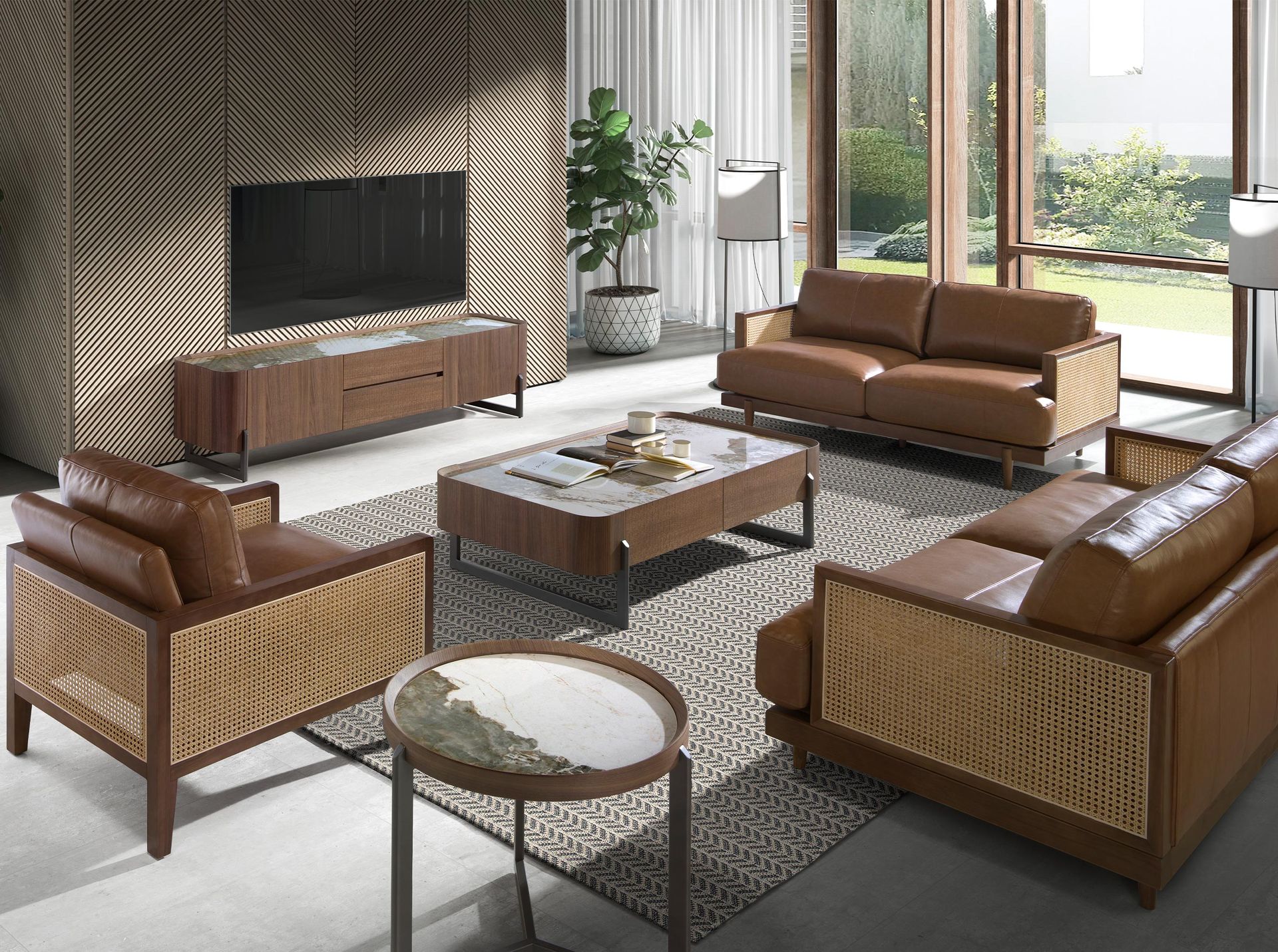 Mueble TV nogal, acero visón metal y tapa de mármol porcelánico Mueble TV nogal, acero visón metal y tapa de mármol porcelánico
