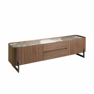 Mueble TV nogal, acero visón metal y tapa de mármol porcelánico Mueble TV nogal, acero visón metal y tapa de mármol porcelánico