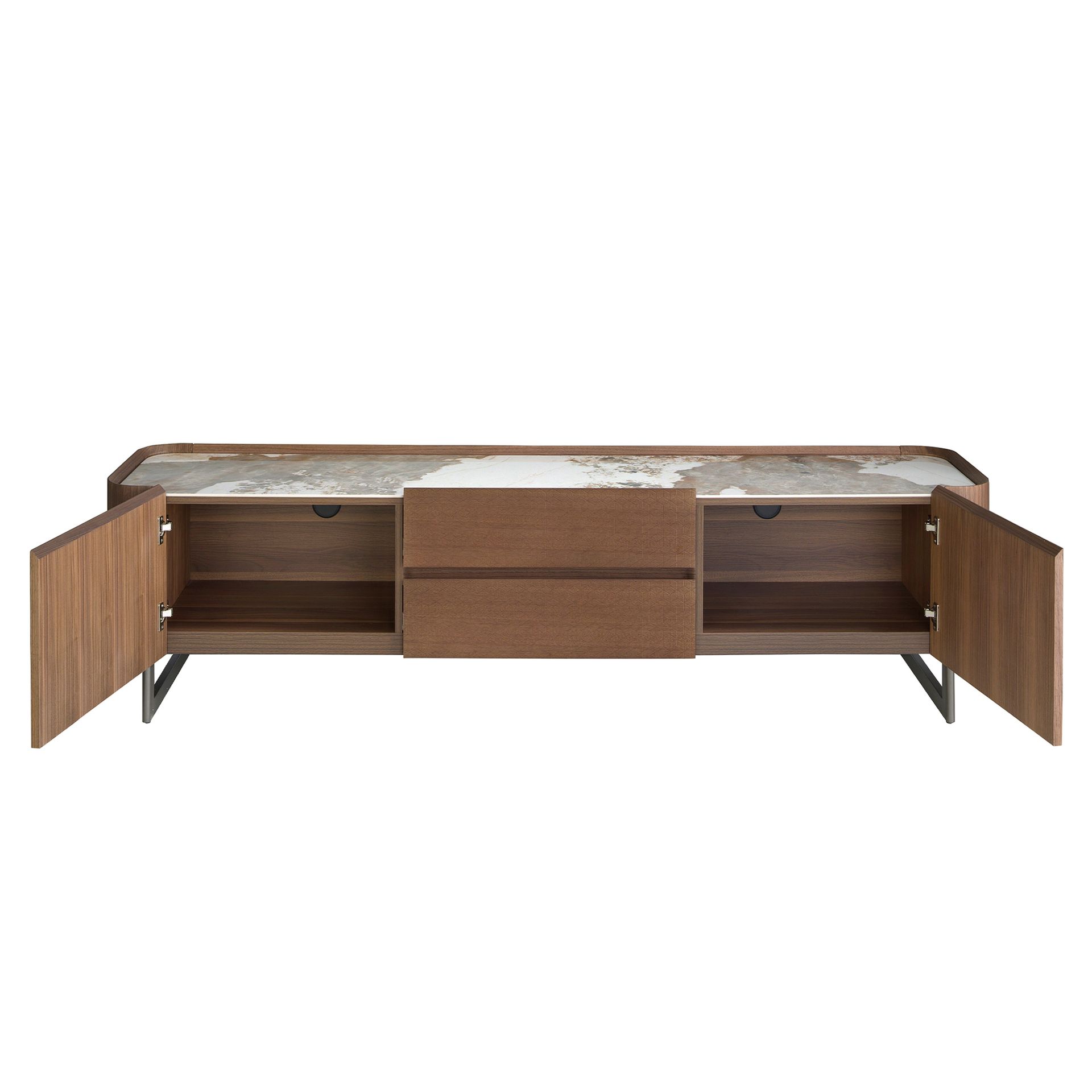 Mueble TV nogal, acero visón metal y tapa de mármol porcelánico Mueble TV nogal, acero visón metal y tapa de mármol porcelánico