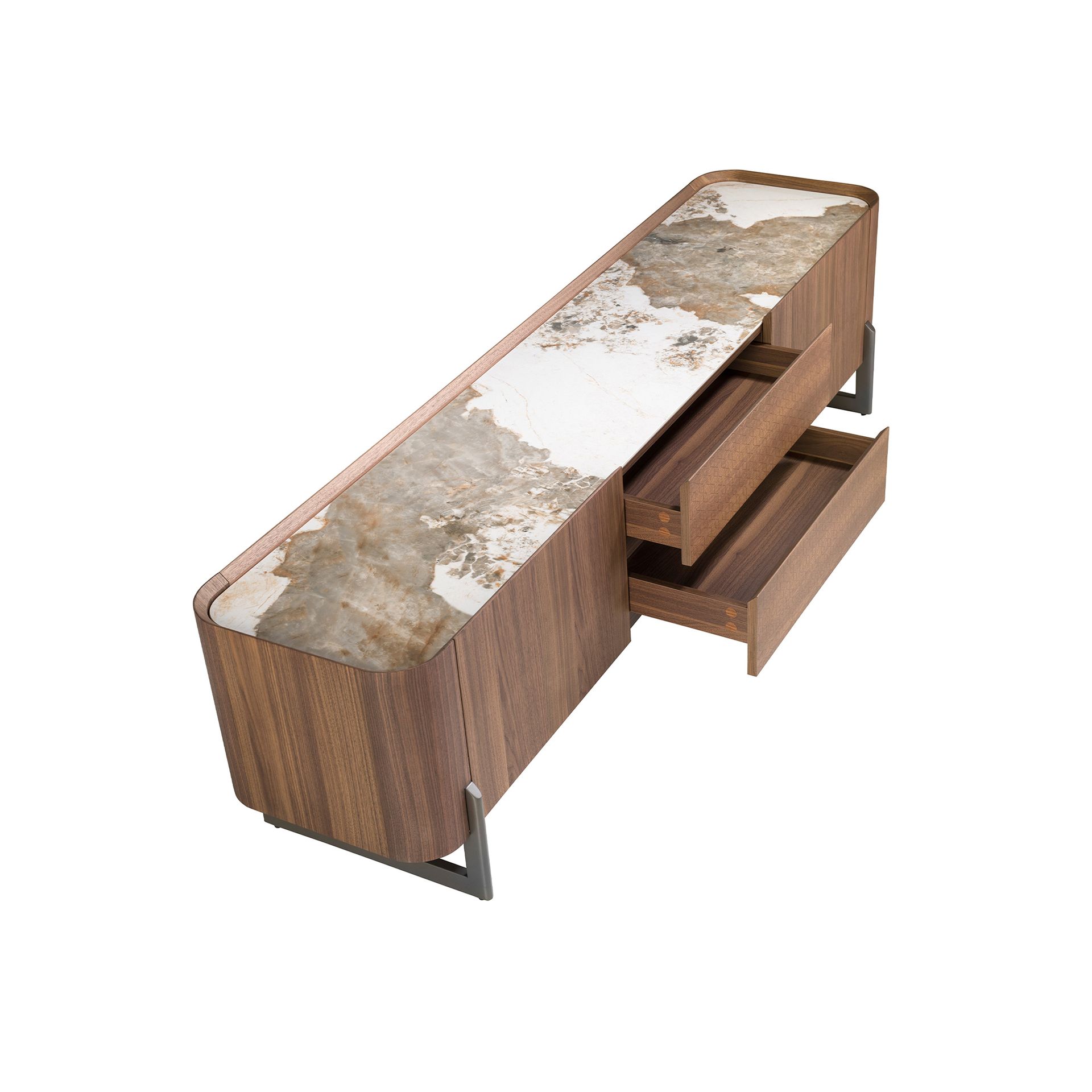 Mueble TV nogal, acero visón metal y tapa de mármol porcelánico Mueble TV nogal, acero visón metal y tapa de mármol porcelánico