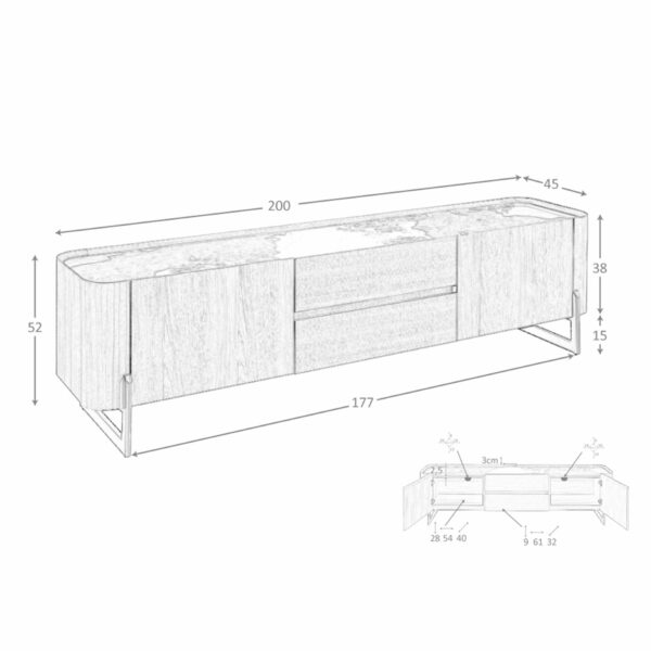 Mueble TV nogal, acero visón metal y tapa de mármol porcelánico
