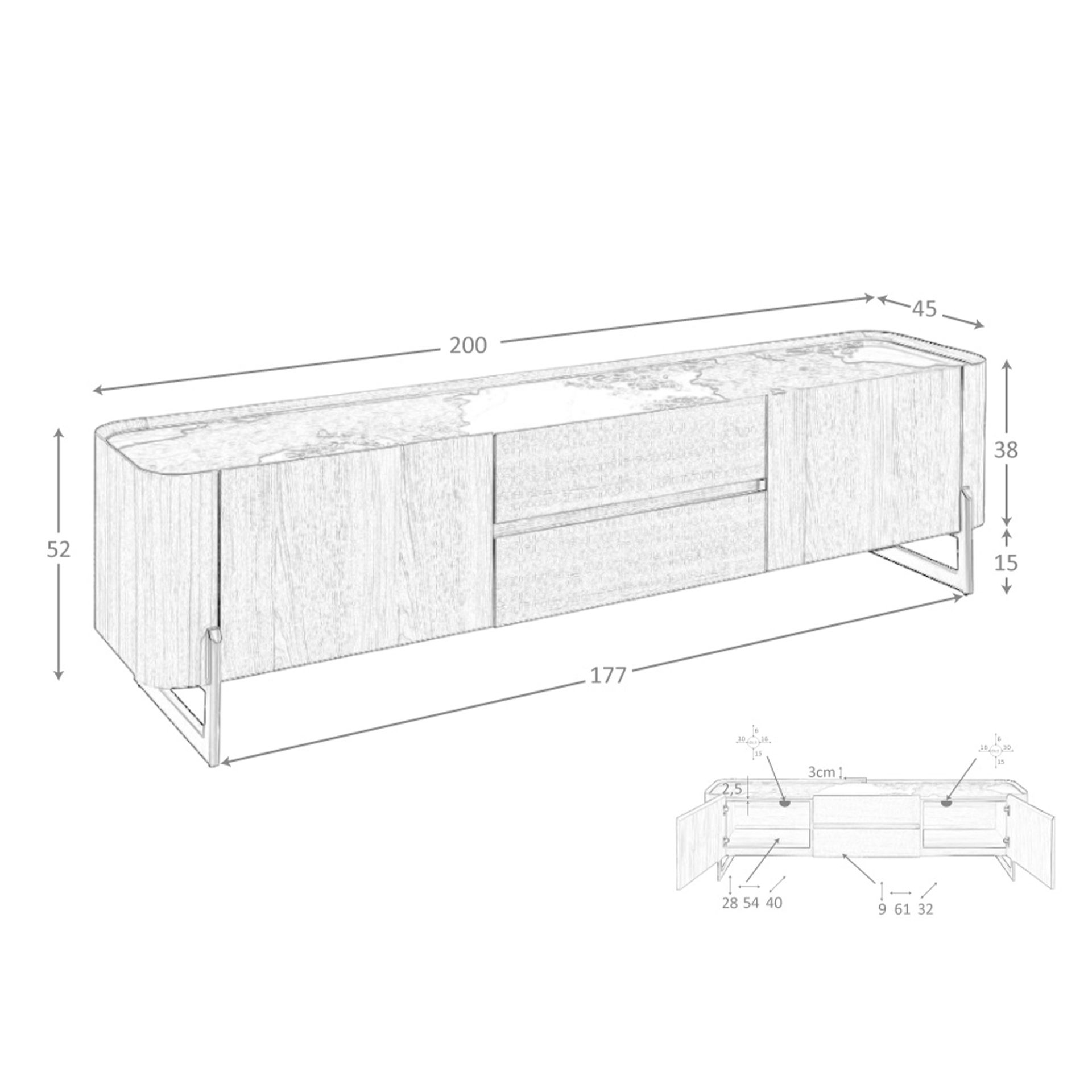 Mueble TV nogal, acero visón metal y tapa de mármol porcelánico Mueble TV nogal, acero visón metal y tapa de mármol porcelánico