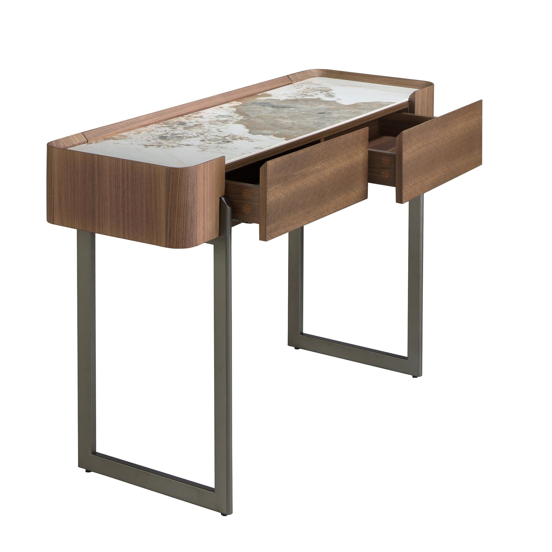 Consola rectangular mármol porcelánico, nogal y acero visón metal Consola rectangular mármol porcelánico, nogal y acero visón metal