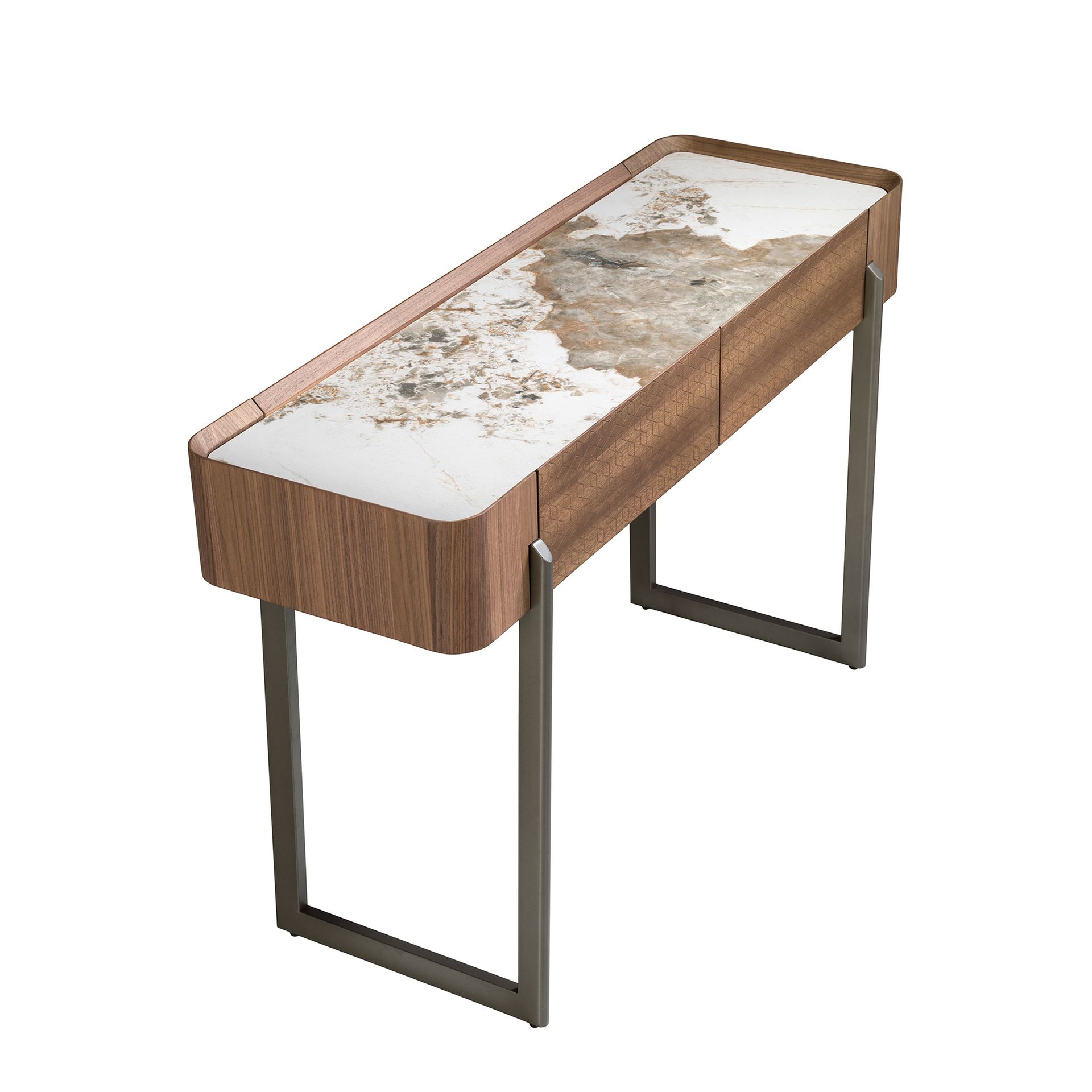 Consola rectangular mármol porcelánico, nogal y acero visón metal Consola rectangular mármol porcelánico, nogal y acero visón metal