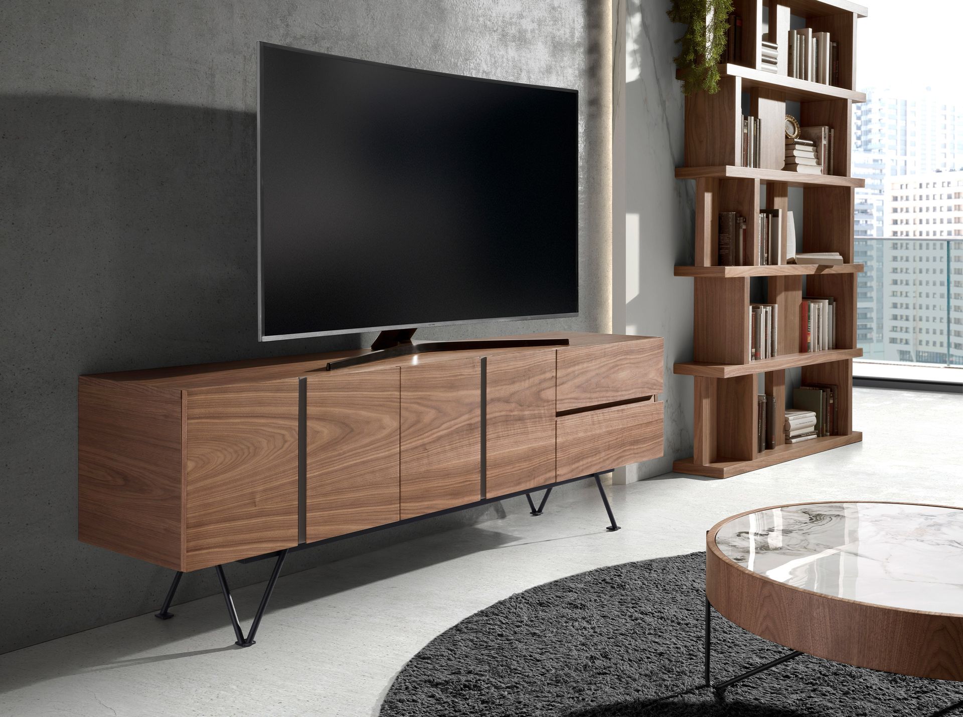 Mueble TV nogal y acero negro Mueble TV nogal y acero negro