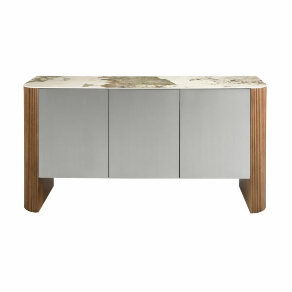 Aparador madera color plata, nogal y tapa de mármol porcelánico