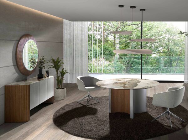Aparador madera color plata, nogal y tapa de mármol porcelánico