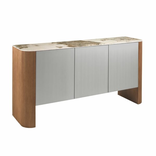 Aparador madera color plata, nogal y tapa de mármol porcelánico