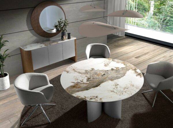 Aparador madera color plata, nogal y tapa de mármol porcelánico