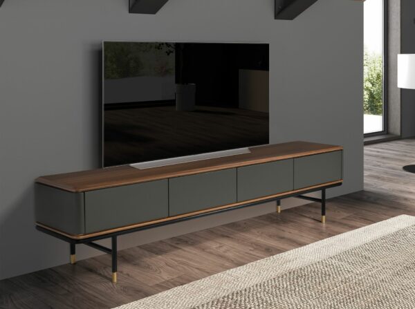 Mueble TV madera gris oscuro, acero negro y tapa de nogal