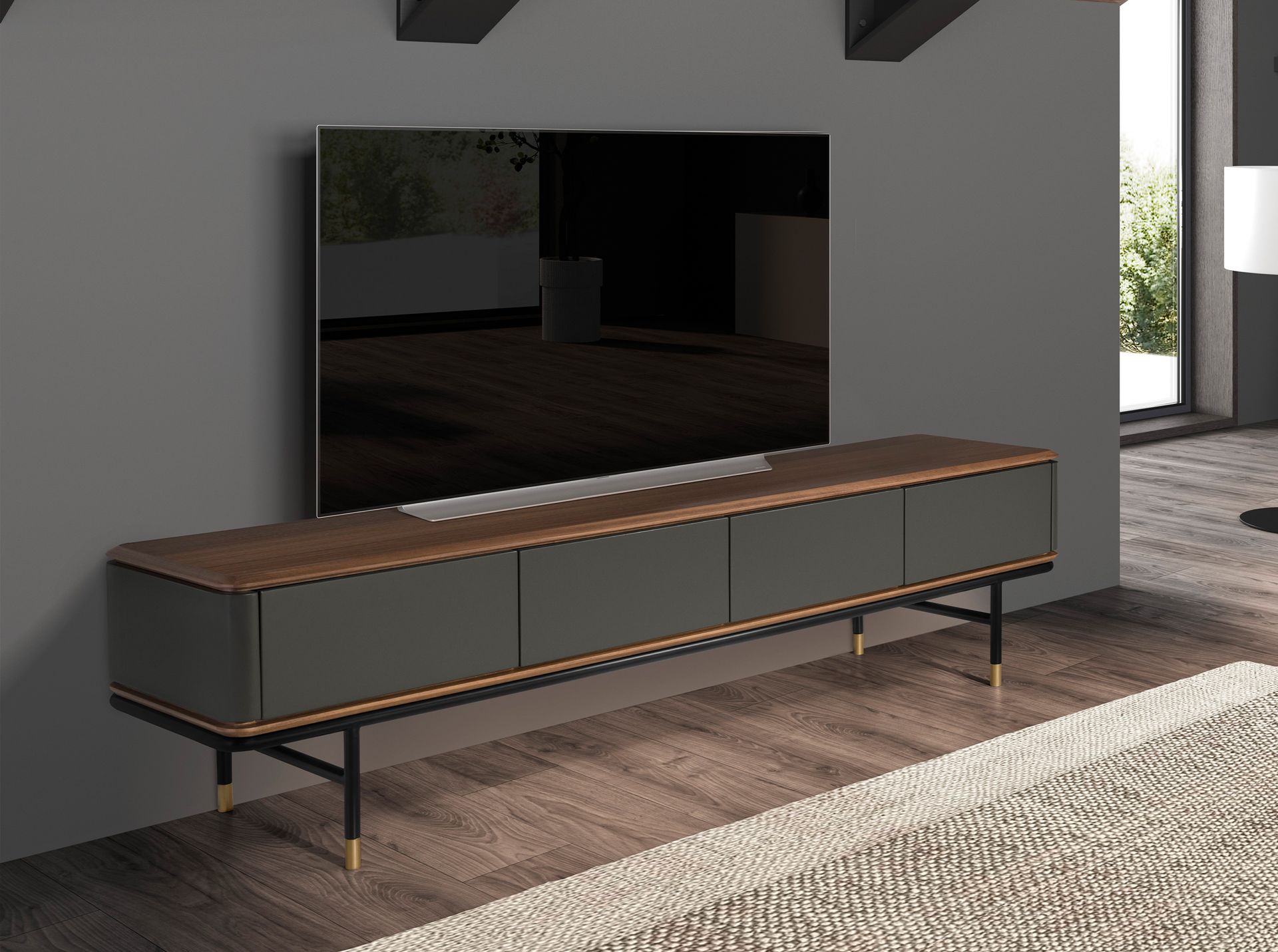 Mueble TV madera gris oscuro, acero negro y tapa de nogal Mueble TV madera gris oscuro, acero negro y tapa de nogal