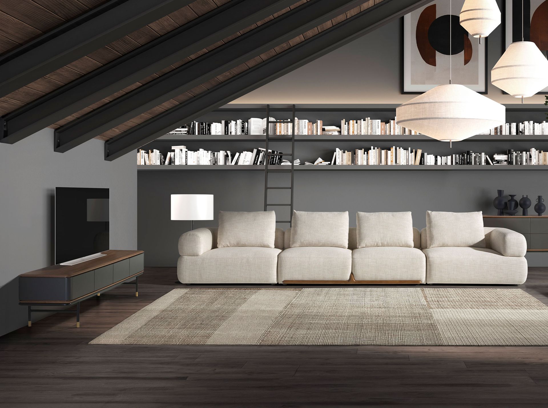 Mueble TV madera gris oscuro, acero negro y tapa de nogal Mueble TV madera gris oscuro, acero negro y tapa de nogal