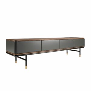 Mueble TV madera gris oscuro, acero negro y tapa de nogal Mueble TV madera gris oscuro, acero negro y tapa de nogal