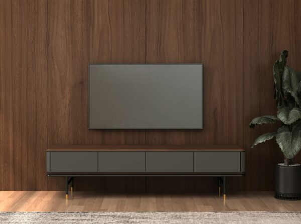 Mueble TV madera gris oscuro, acero negro y tapa de nogal