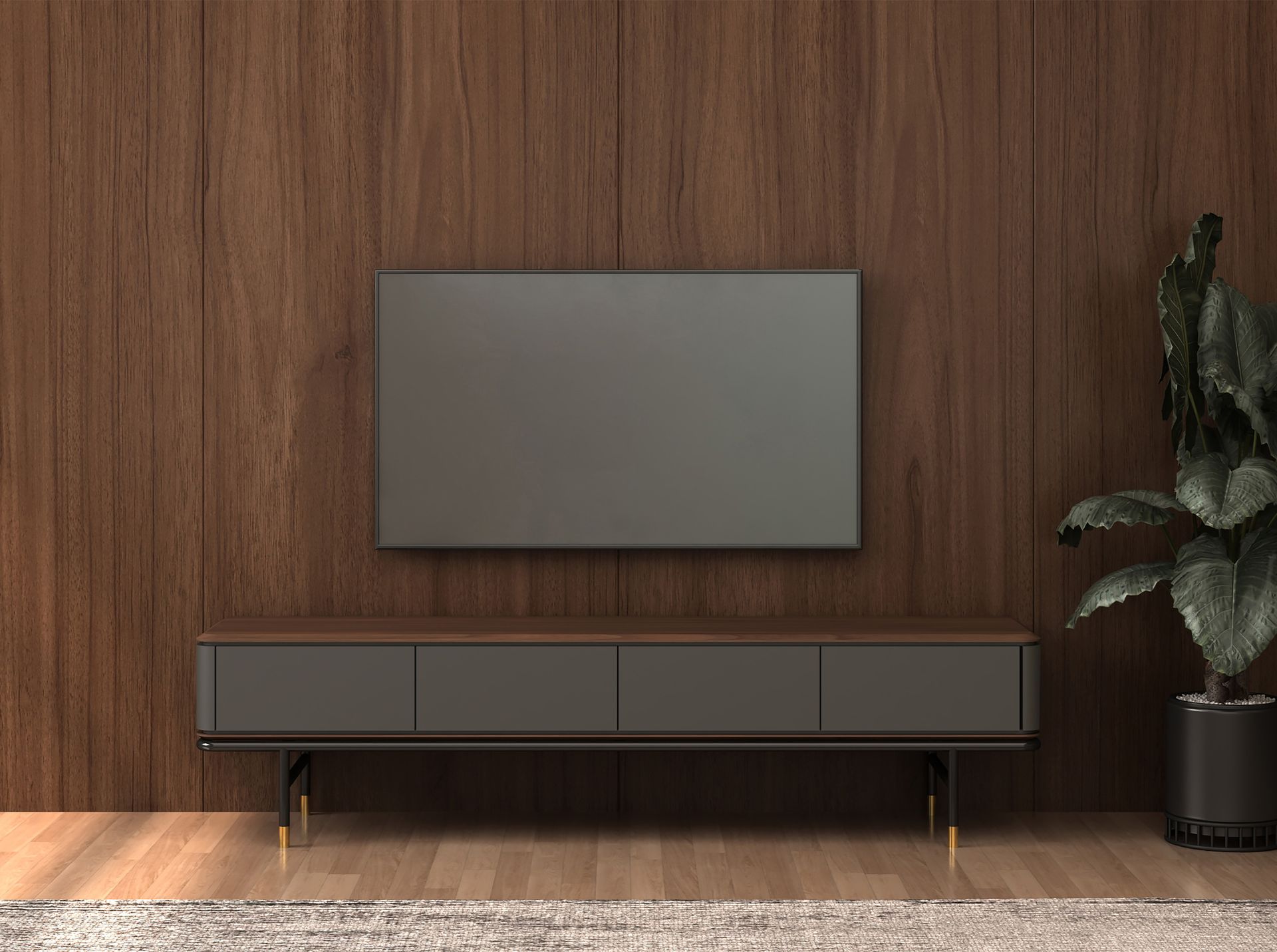 Mueble TV madera gris oscuro, acero negro y tapa de nogal Mueble TV madera gris oscuro, acero negro y tapa de nogal